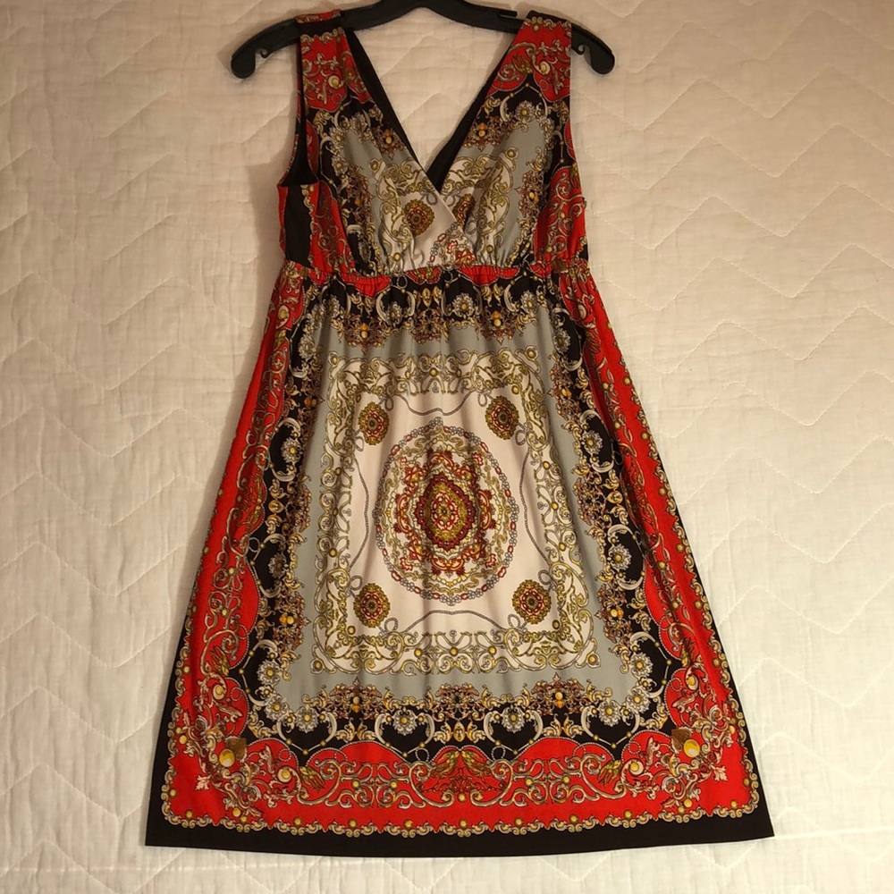 Valerie Bertinelli Dress Women's Size 8 Brown Orange Yellow Gray Ivory V Neck